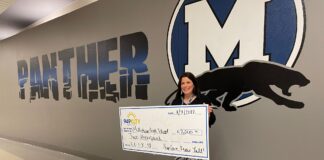 94.9 KLTY Grants $2,000 to Midlothian High School lady with check by Panther sign
