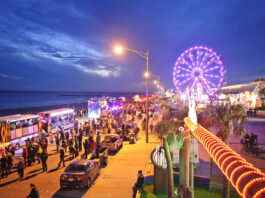 Ferris wheel on beachfront at night
