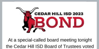 Cedar Hill ISD Board of Trustees Call Bond Election for May 2023 black and red text with CHISD logo