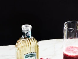 tequila bottle with watermelon margaritas