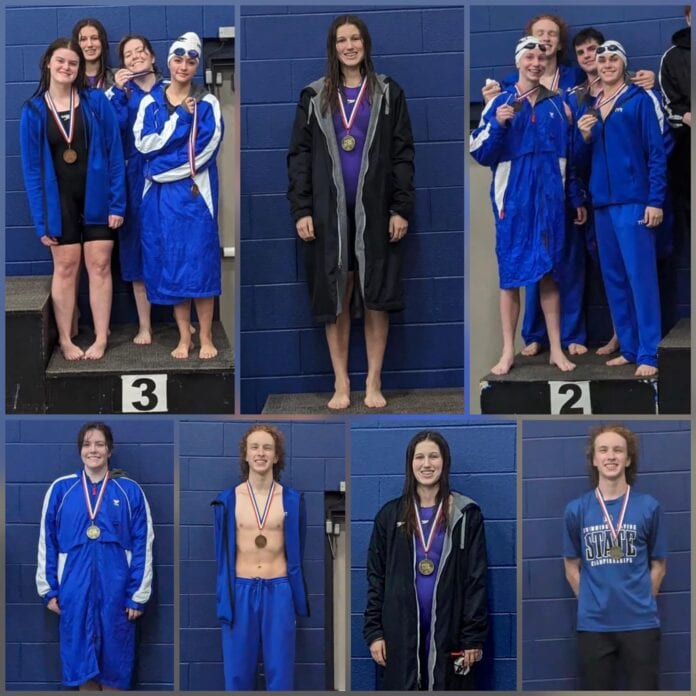 collage of male and female swimmers with medals
