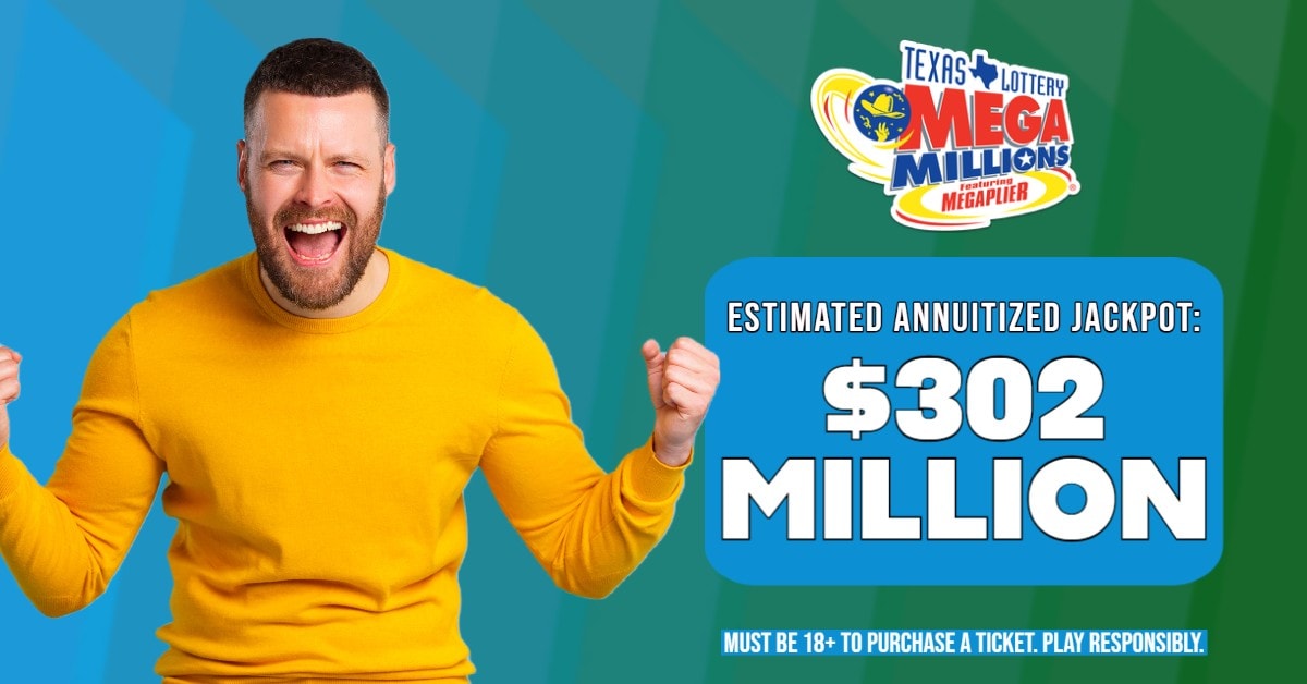 green and blue background with man and mega millions text