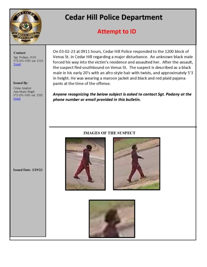Cedar Hill flyer with images of suspect