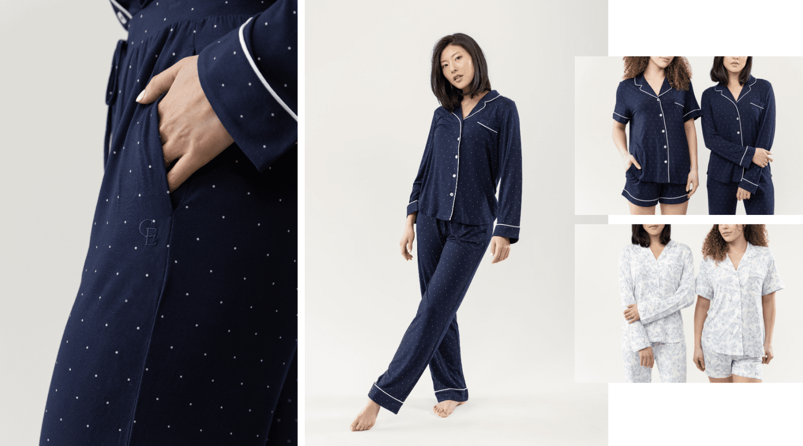 Cozy Earth bamboo pajamas in navy and floral