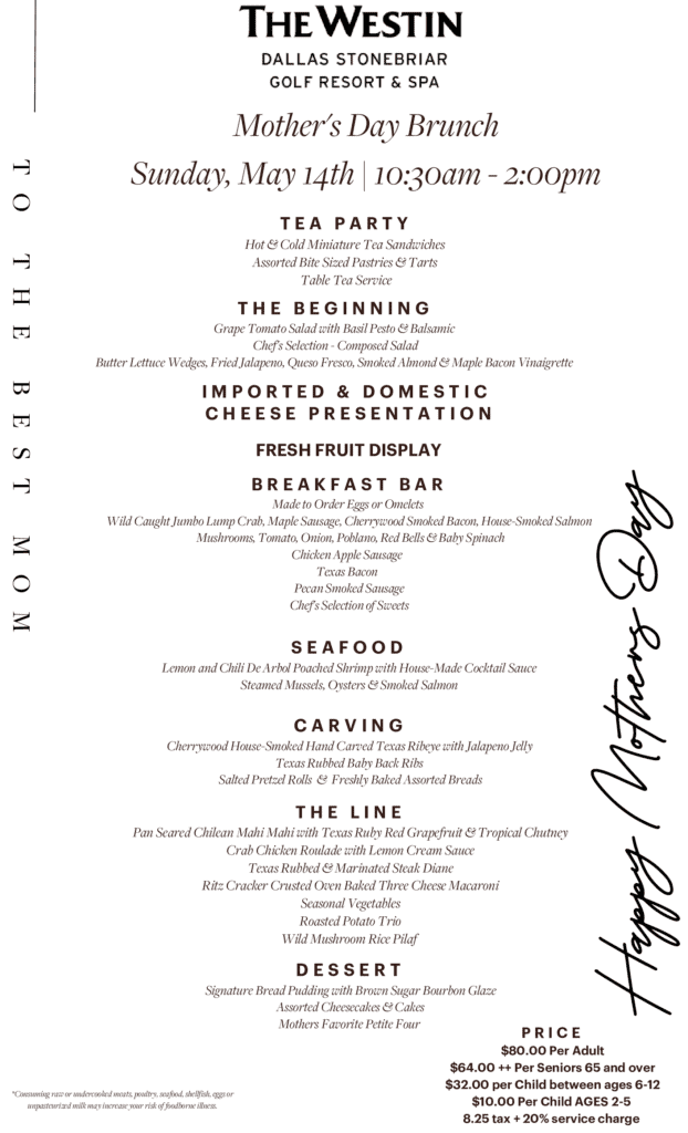menu for westin stonebriar Mother's Day