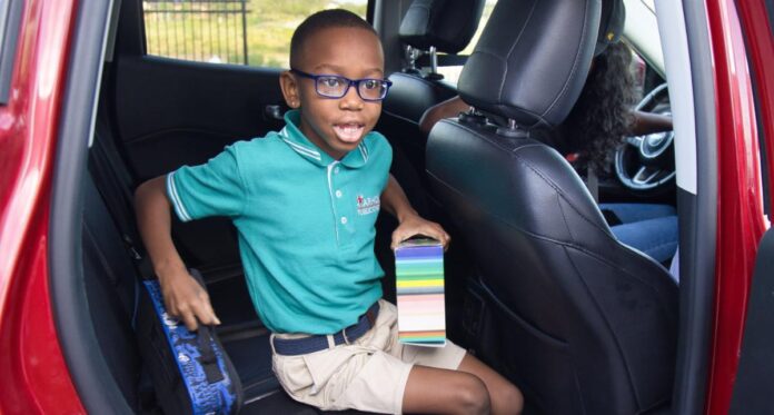 young boy in backseat of car