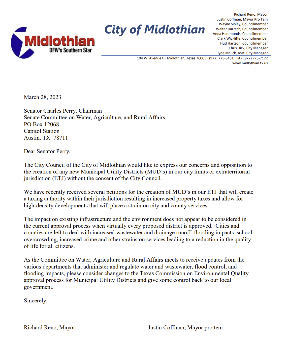 letter from Midlothian City Council opposing MUDs