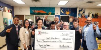 Cedar Hill ISD Alum & Artist Donates $30,000 to Cedar Hill Art Department students with a cardboard check