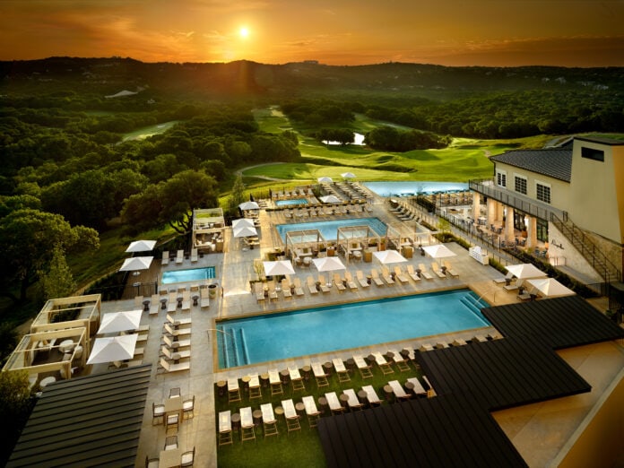 sunset with pools at Omni Barton Creek