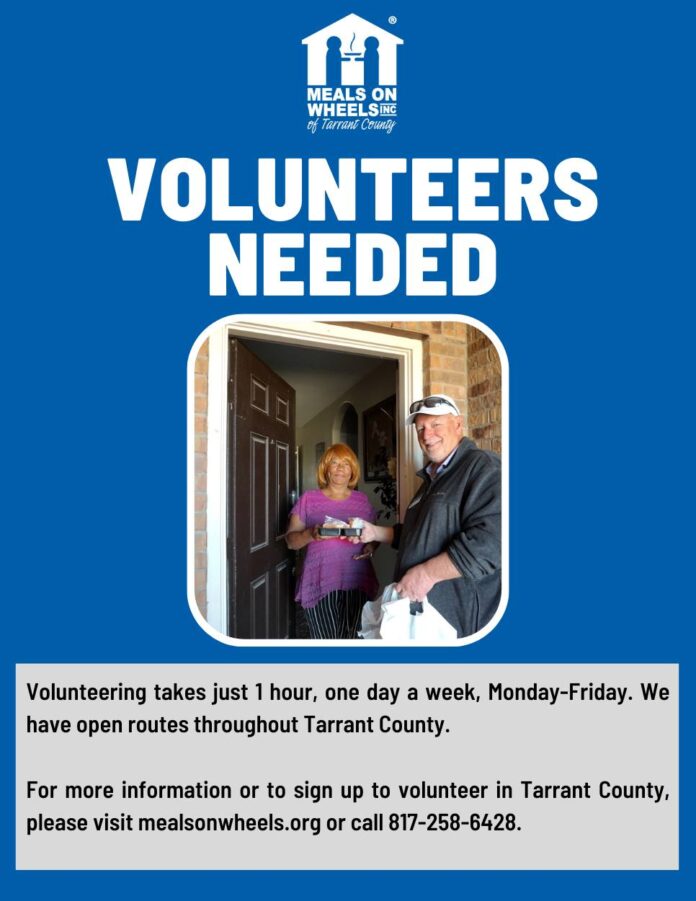 blue background with white text for Meals on Wheels volunteers needed