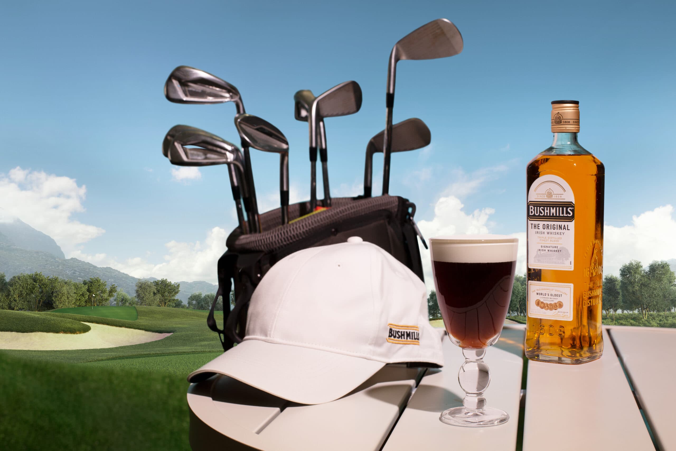 Irish coffee with hat and golf clubs