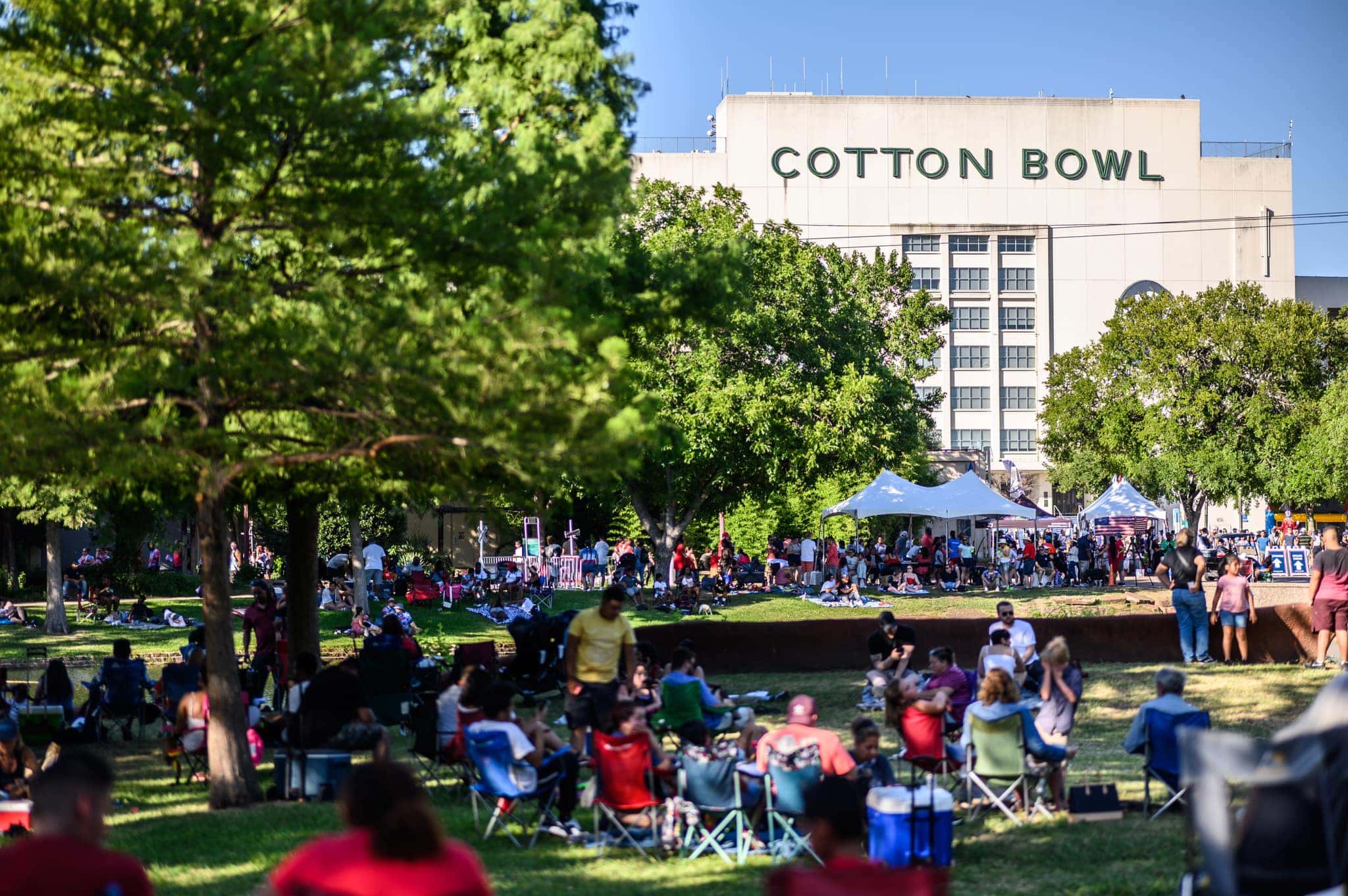 people sitting on lawn at Cotton Bowl