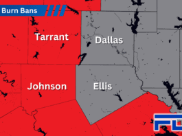 A map showing active burn bans across North Texas.