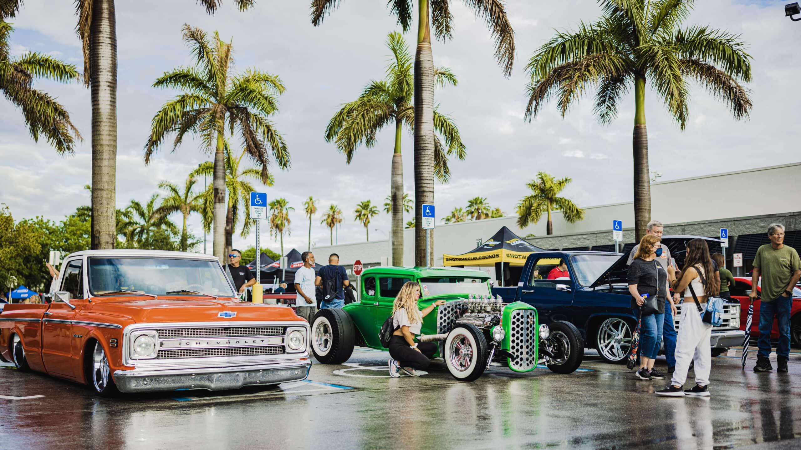 Orange truck and green car