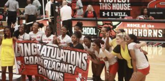 CEDAR HILL VOLLEYBALL SWEEPS WAXAHACHIE TO SECURE COACH BLACKNEY’S 200TH CAREER VICTORY Cedar Hill volleyball players with congratulations banner