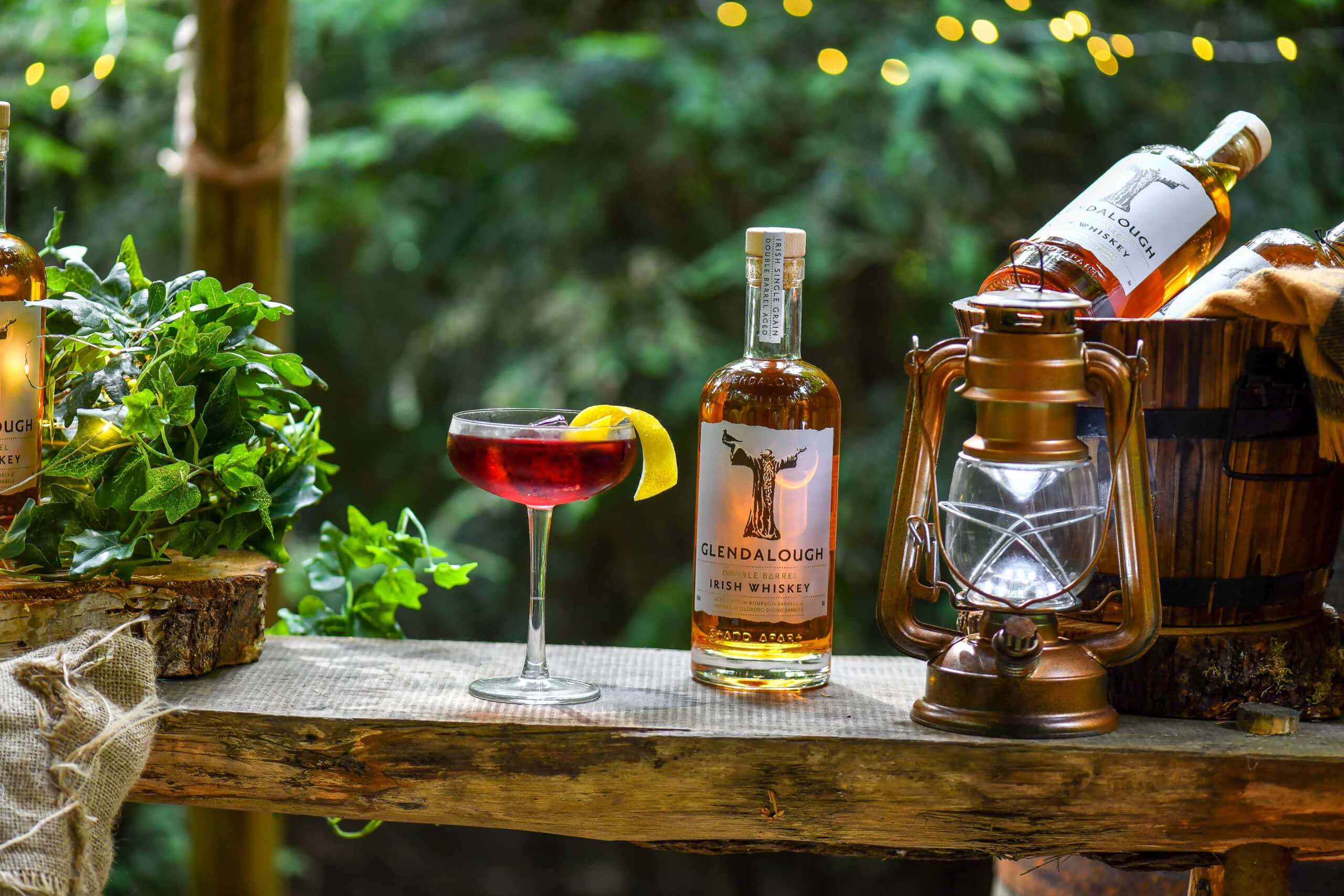 Boulevardier cocktail with Glendalough whiskey bottle