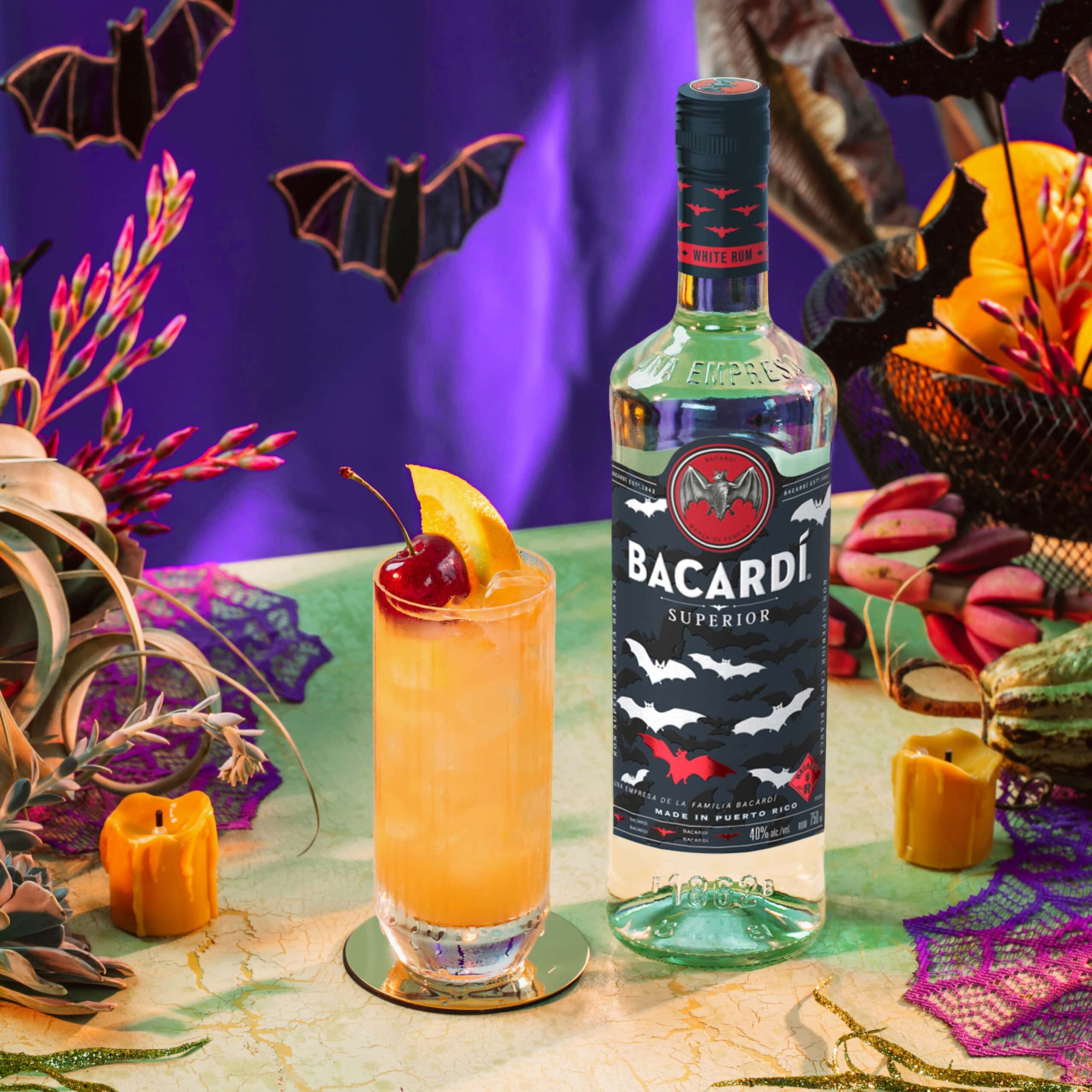 orage cocktail next to Bacardi Halloween bottle