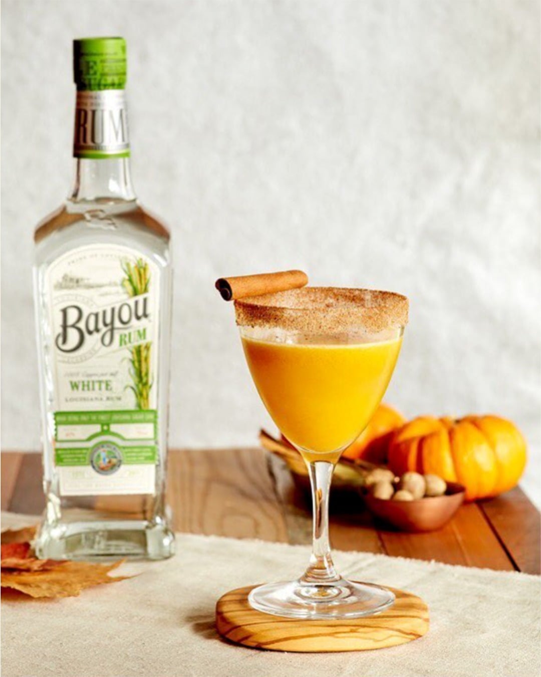 Pumpkin daiquiri with Bayou Rum bottle