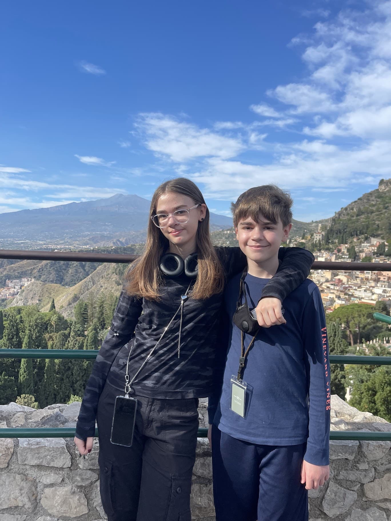 Two kids with Mount Etna in background