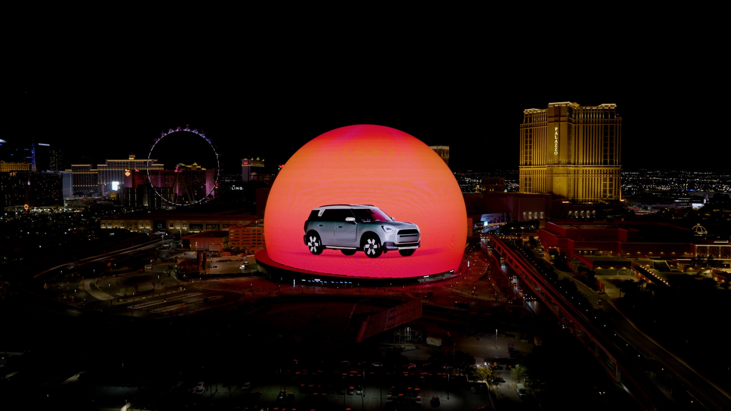 MINI on Vegas Sphere with orange background