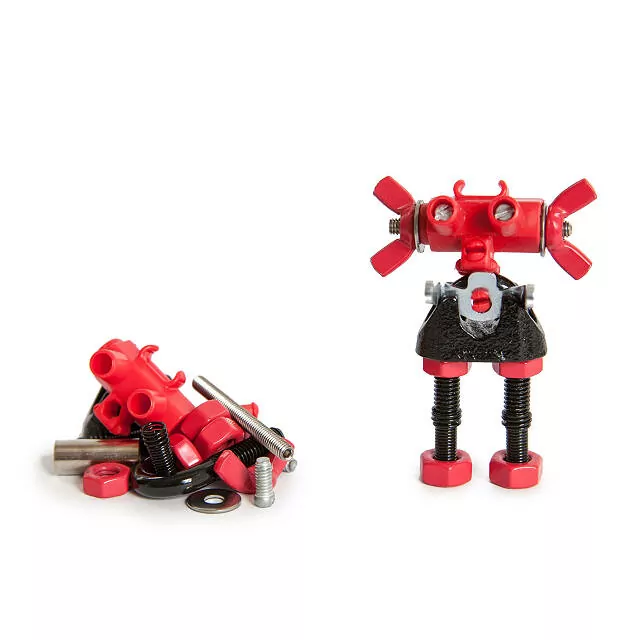 red robot with nuts and bolts