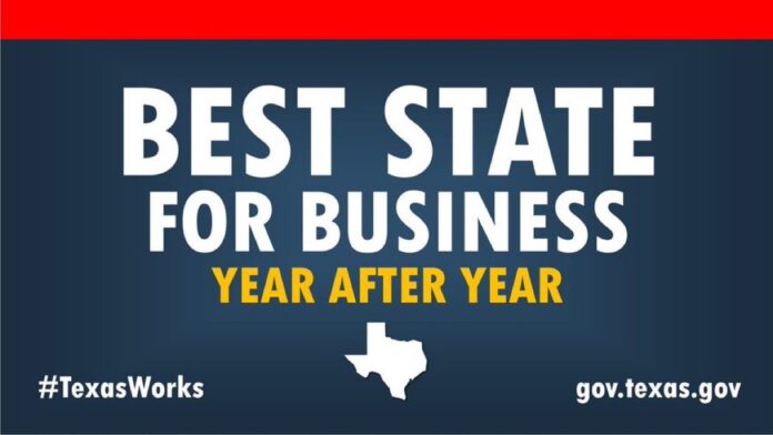 dark blue background with white text and outline of Texas