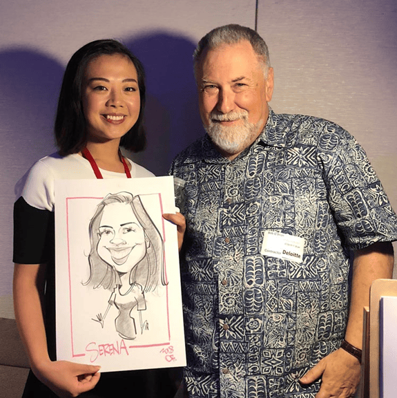 man with woman and caricature drawing