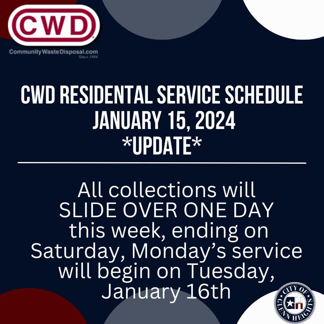 text about CWD trash schedule for week of 1/15/24