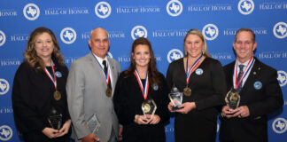 Midlothian ISD Athletics Hall of Honor hosts Class of 2023 Banquet three ladies and two men standing with trophies