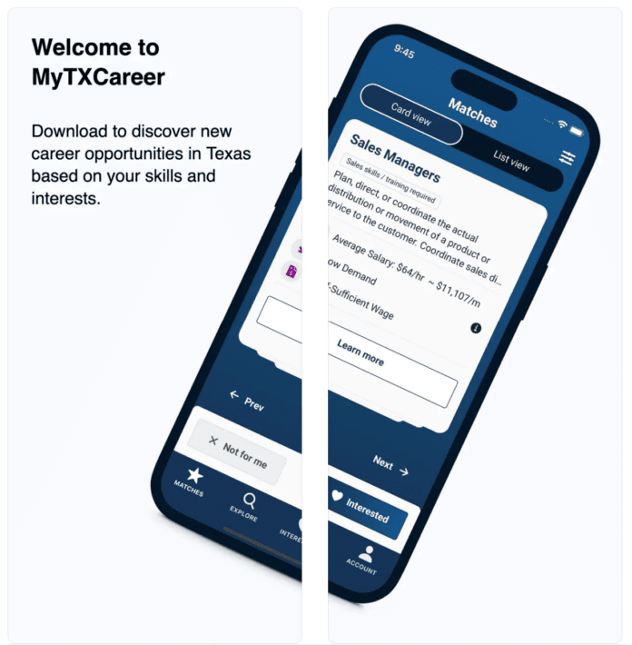 screenshot of MYTX Career app