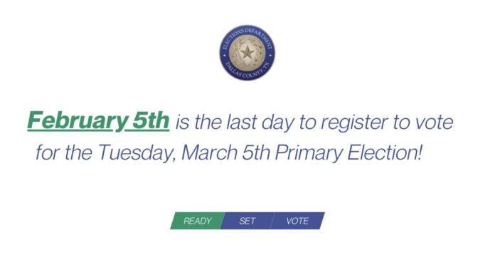 whit background with blue and green text and dallas elections logo