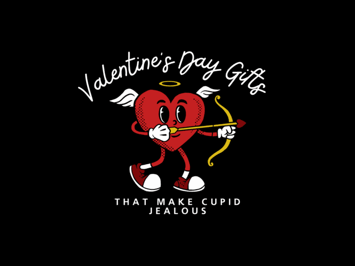 black background with a heart playng cupid