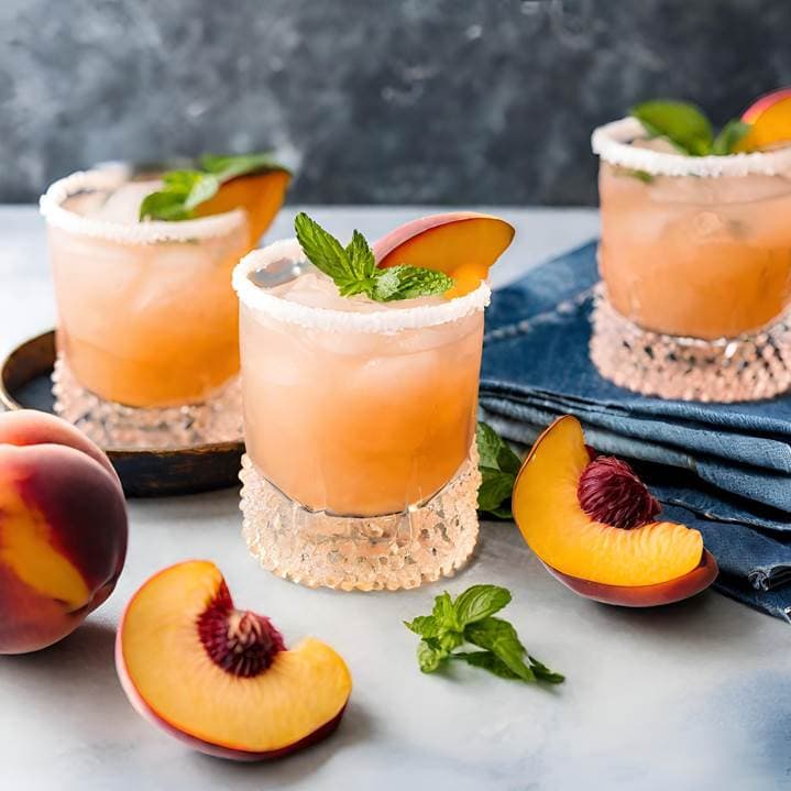 peach slices and rocks glass with peach colored drink