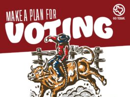 graphic of cowboy on bull with plan for voting text
