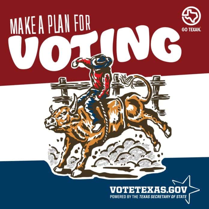 graphic of cowboy on bull with plan for voting text