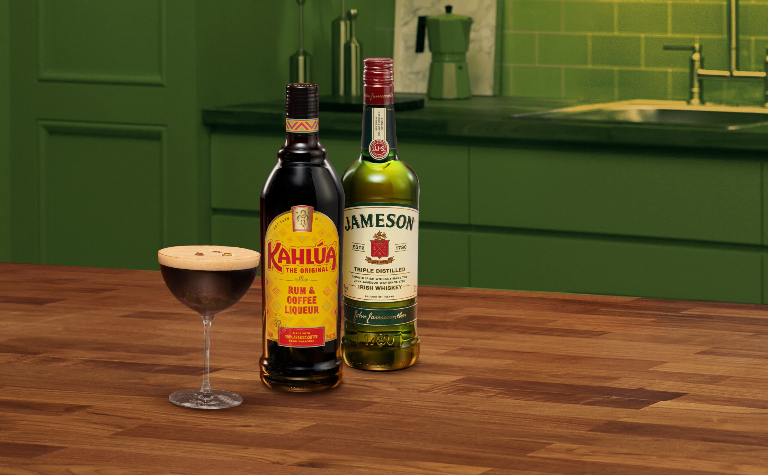 bottle of Kahlua and Jameson with espresso martini
