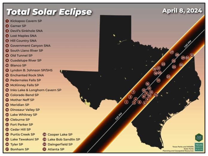 map of texas showing total eclipse pathway