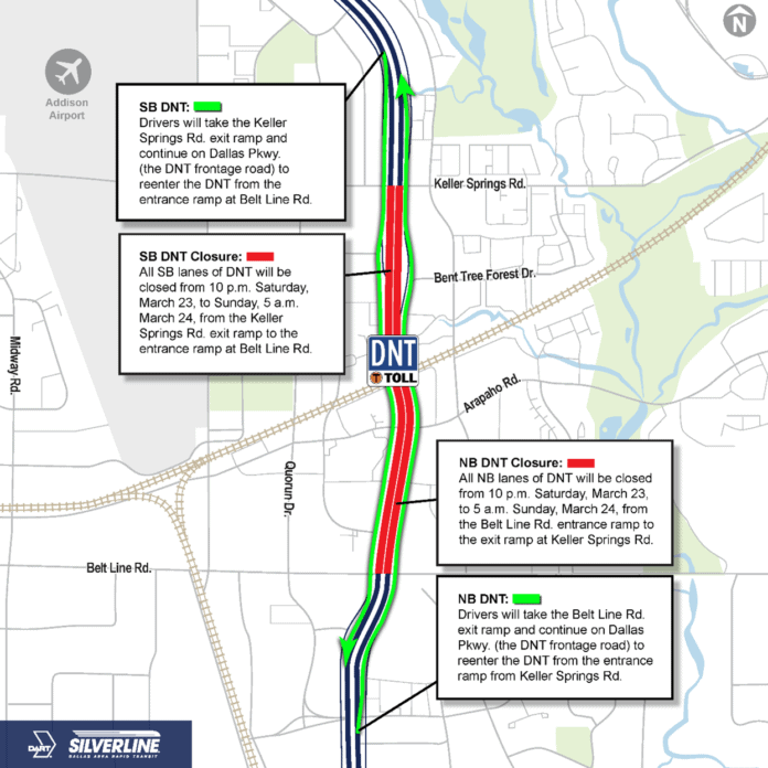 map showing dallas north tollway closure for March