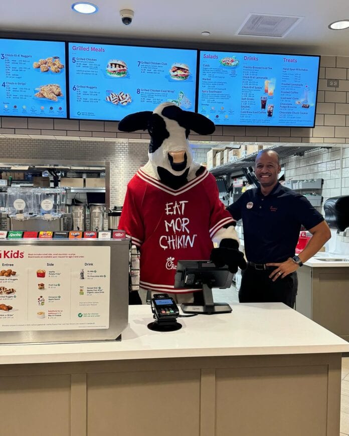 Chickfila cow with man