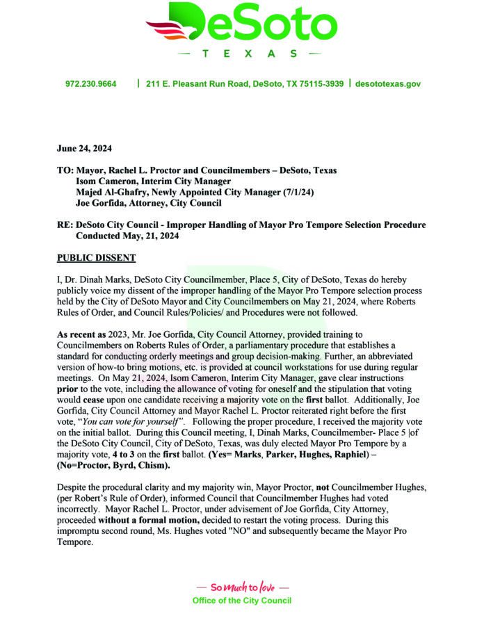 Dr. Dinah Marks letter