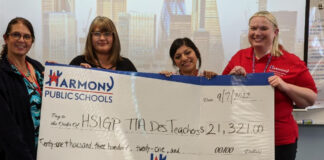 Harmony Public Schools teachers eligible for $32,000 bonuses as Teacher Incentive Allotment (TIA) designees from Texas Education Agency (TEA) Four people holding large check