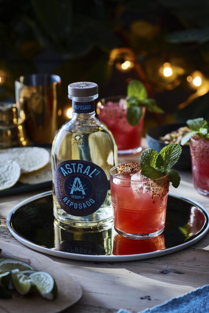 Astral tequila bottle and cocktail