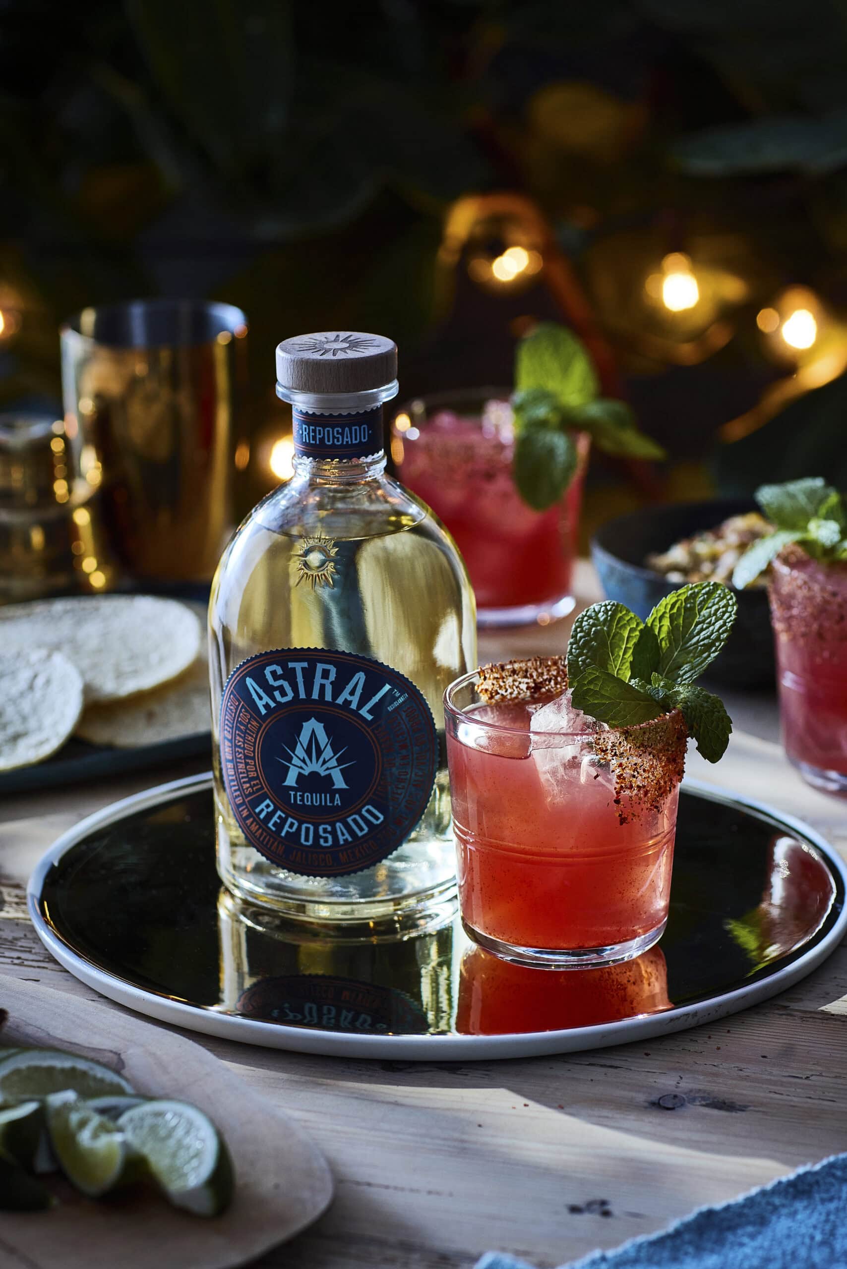 Astral tequila bottle and cocktail