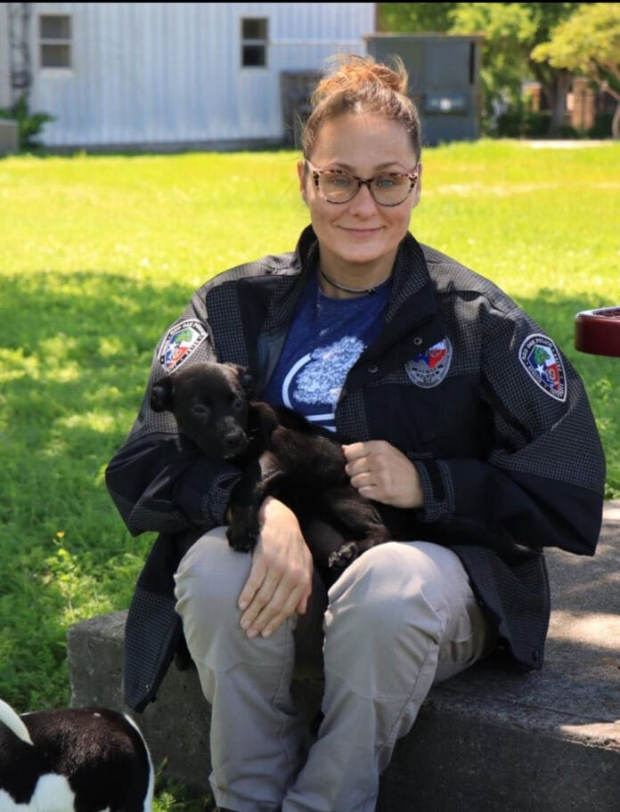 lady holding dog