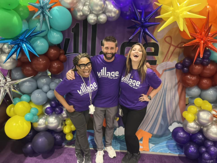 three people wth balloon background
