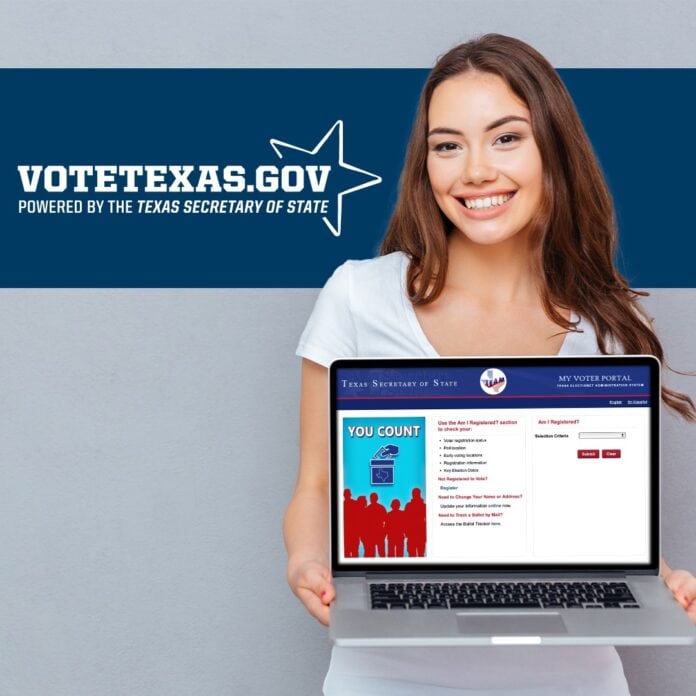 vote texas woman with laptop