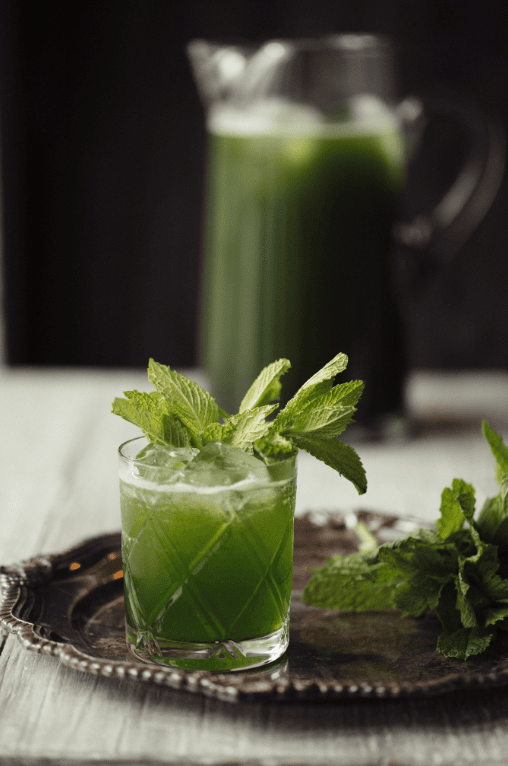 Matcha beverage in rocks glass
