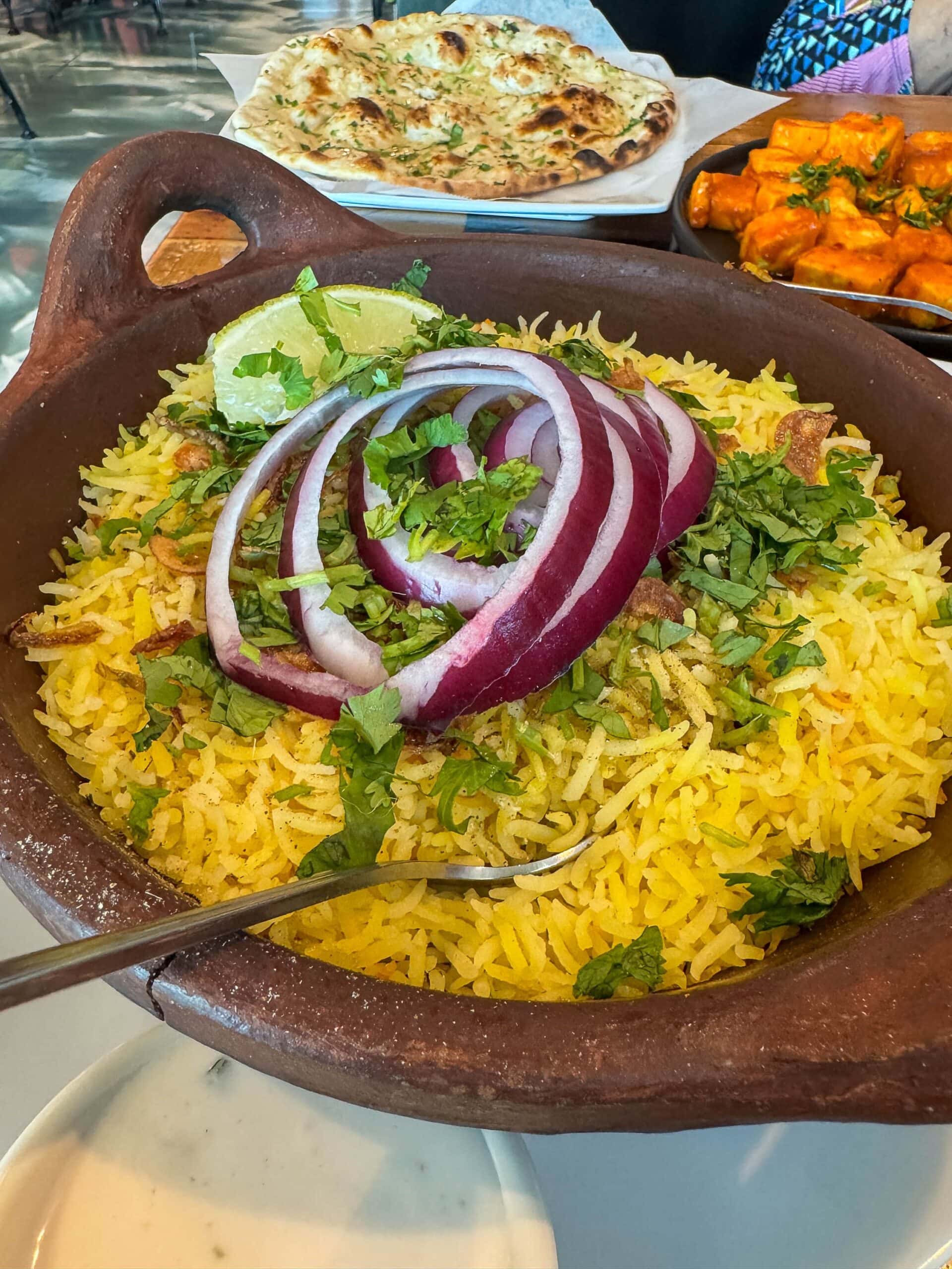 Silk Road paneer, naan, biryani chicken