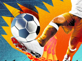 Soccer fútbol player kicking a ball with dynamic colorful background, sports action image.