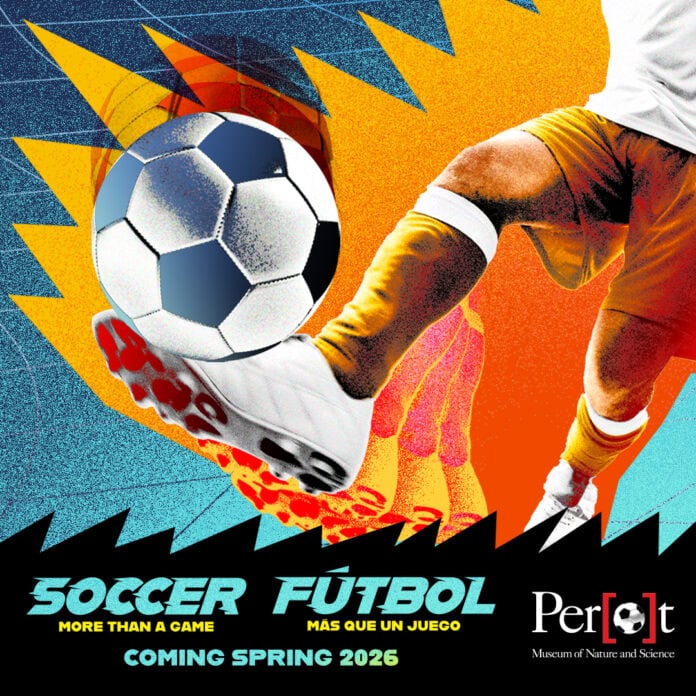 Soccer fútbol player kicking a ball with dynamic colorful background, sports action image.